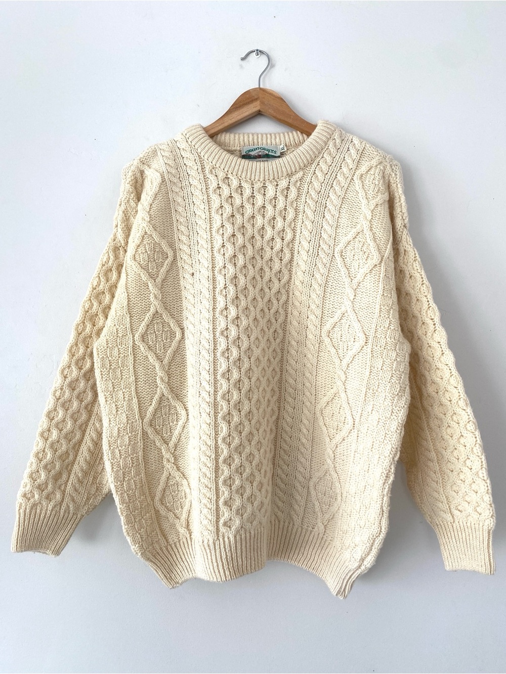 Aran Crafts Cream Wool Cable Knit Crewneck Fisherman Sweater XL Ireland Made